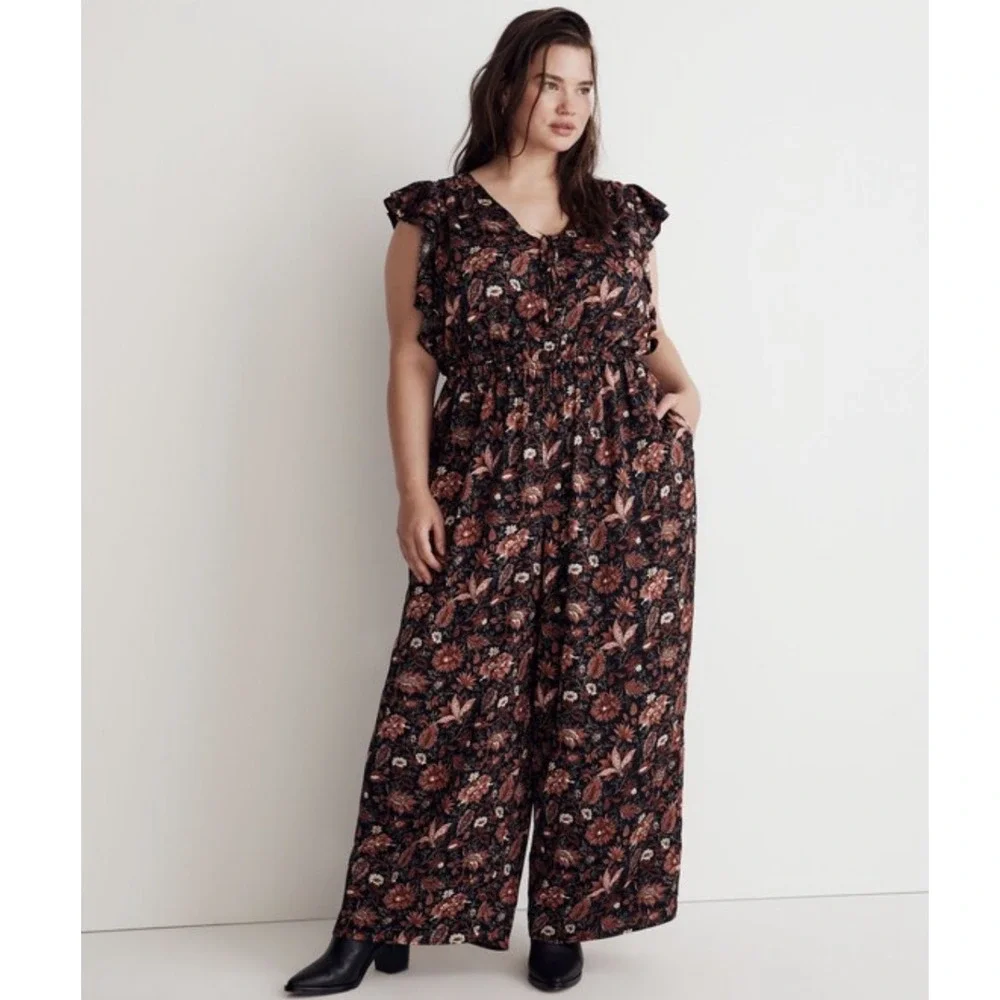 Madewell Dark Floral Wide Leg Jumpsuit Ruffle Womens Size 3X NEW Pampas Blooms - Picture 1 of 16